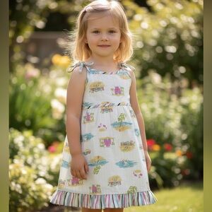 Painting Red Rhinos Girls' Dress: Size 6/7: Light Green with Beach Scene Prints.